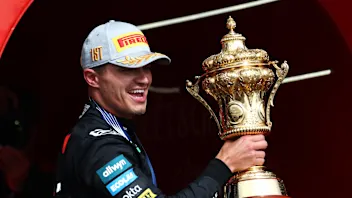 NORTHAMPTON, ENGLAND - JULY 06: Race winner Lando Norris of Great Britain and McLaren celebrates on