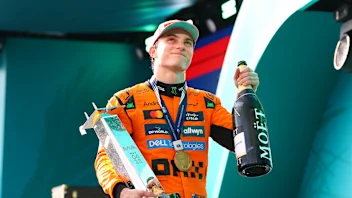 MIAMI, FLORIDA - MAY 04: Race winner Oscar Piastri of Australia and McLaren celebrates in parc