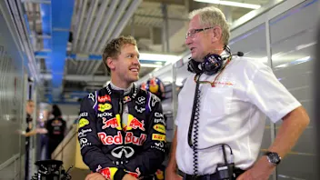 MONZA, ITALY - SEPTEMBER 05:  Sebastian Vettel of Germany and Infiniti Red Bull Racing speaks with