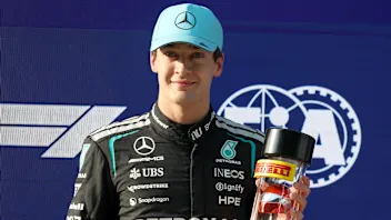 SHANGHAI, CHINA - MARCH 13: Pole position qualifier George Russell of Great Britain and Mercedes