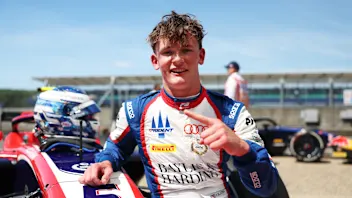 NORTHAMPTON, ENGLAND - JULY 03: Pole position qualifier Freddie Slater of Great Britain and TRIDENT