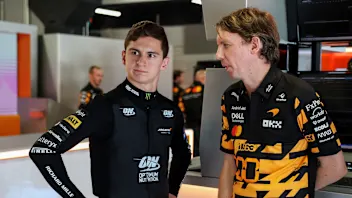 BARCELONA, SPAIN - JUNE 12: Leonardo Fornaroli of Italy and McLaren in the garage with Will Joseph,
