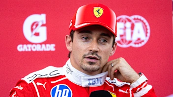 NORTHAMPTON, ENGLAND - JULY 3: Charles Leclerc of Monaco and Ferrari answers questions in the TV