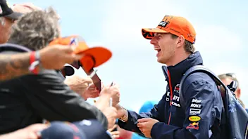 NORTHAMPTON, ENGLAND - JULY 06: Max Verstappen of the Netherlands and Oracle Red Bull Racing greets