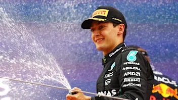 BARCELONA, SPAIN - JUNE 04: Third placed George Russell of Great Britain driving the (63) Mercedes