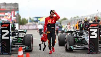 BARCELONA, SPAIN - JUNE 04: fifth placed Carlos Sainz of Spain and Ferrari walks in parc ferme