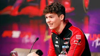 LONDON, ENGLAND - FEBRUARY 18: Oliver Bearman of Great Britain and Haas F1 talks to the media