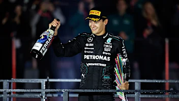 LAS VEGAS, NEVADA - NOVEMBER 23: Race winner George Russell of Great Britain and Mercedes