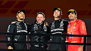 LAS VEGAS, NEVADA - NOVEMBER 23: Race winner George Russell of Great Britain and Mercedes, Second