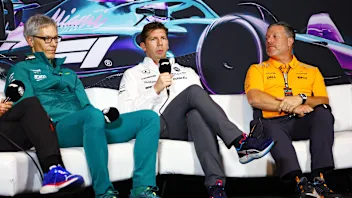 MIAMI, FLORIDA - MAY 03: Mike Krack, Team Principal of the Aston Martin F1 Team, James Vowles, Team