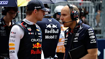 MIAMI, FLORIDA - MAY 04: Max Verstappen of the Netherlands and Oracle Red Bull Racing talks with