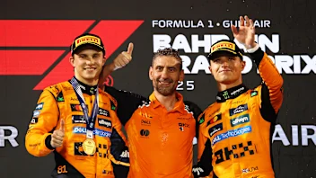 BAHRAIN, BAHRAIN - APRIL 13: Race winner Oscar Piastri of Australia and McLaren Andrea Stella, Team