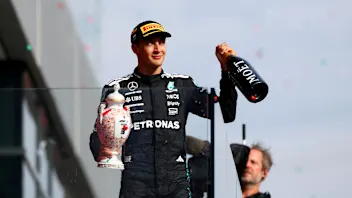 BUDAPEST, HUNGARY - AUGUST 03: Third placed George Russell of Great Britain and Mercedes AMG