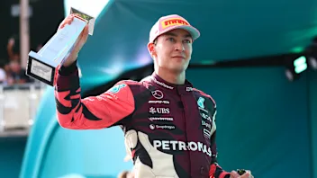 MIAMI, FLORIDA - MAY 04: Third placed George Russell of Great Britain and Mercedes AMG Petronas F1