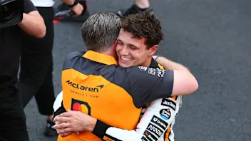 MONTE-CARLO, MONACO - MAY 25: Race winner Lando Norris of Great Britain and McLaren embraces Zak