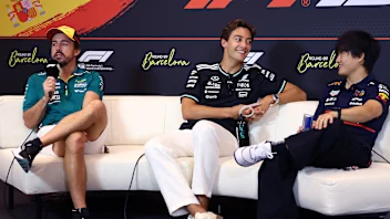 BARCELONA, SPAIN - MAY 29: Fernando Alonso of Spain and Aston Martin F1 Team, George Russell of