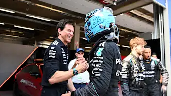 SPIELBERG, AUSTRIA - JUNE 28: Race winner George Russell of Great Britain and Mercedes AMG Petronas
