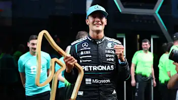 SPIELBERG, AUSTRIA - JUNE 28: Race winner George Russell of Great Britain and Mercedes AMG Petronas