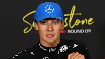NORTHAMPTON, ENGLAND - JULY 05: Second placed George Russell of Great Britain and Mercedes AMG
