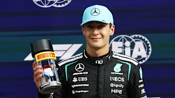 ZANDVOORT, NETHERLANDS - AUGUST 21: Sprint Pole qualifier George Russell of Great Britain and