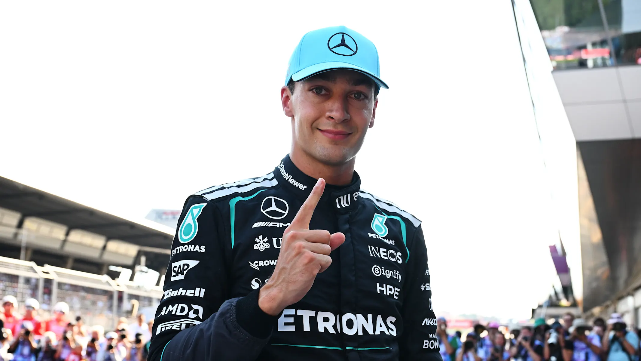 SPIELBERG, AUSTRIA - JUNE 27: Pole position qualifier George Russell of Great Britain and Mercedes