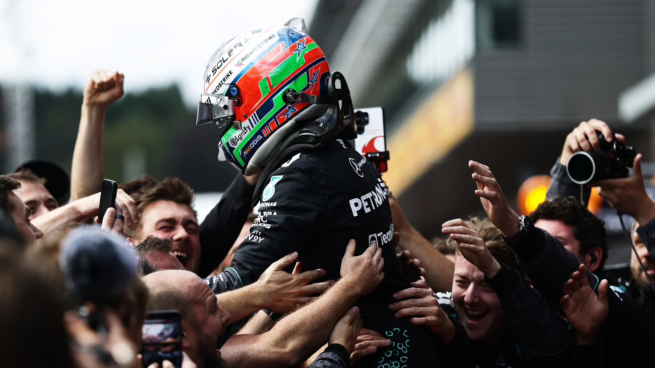 SPA, BELGIUM - JULY 19: Race winner Andrea Kimi Antonelli of Italy and Mercedes AMG Petronas F1