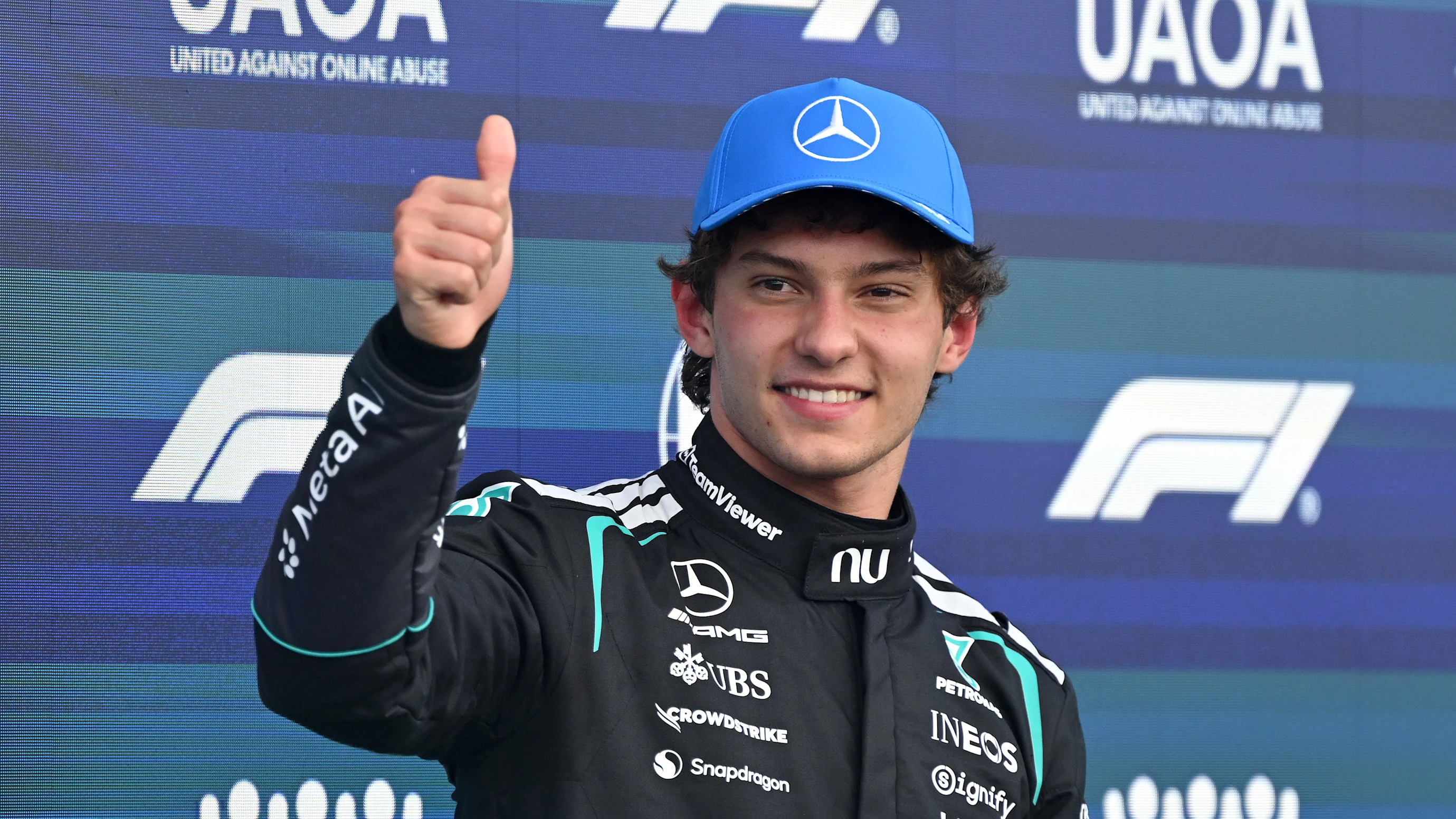NORTHAMPTON, ENGLAND - JULY 04: Pole position qualifier Andrea Kimi Antonelli of Italy and Mercedes
