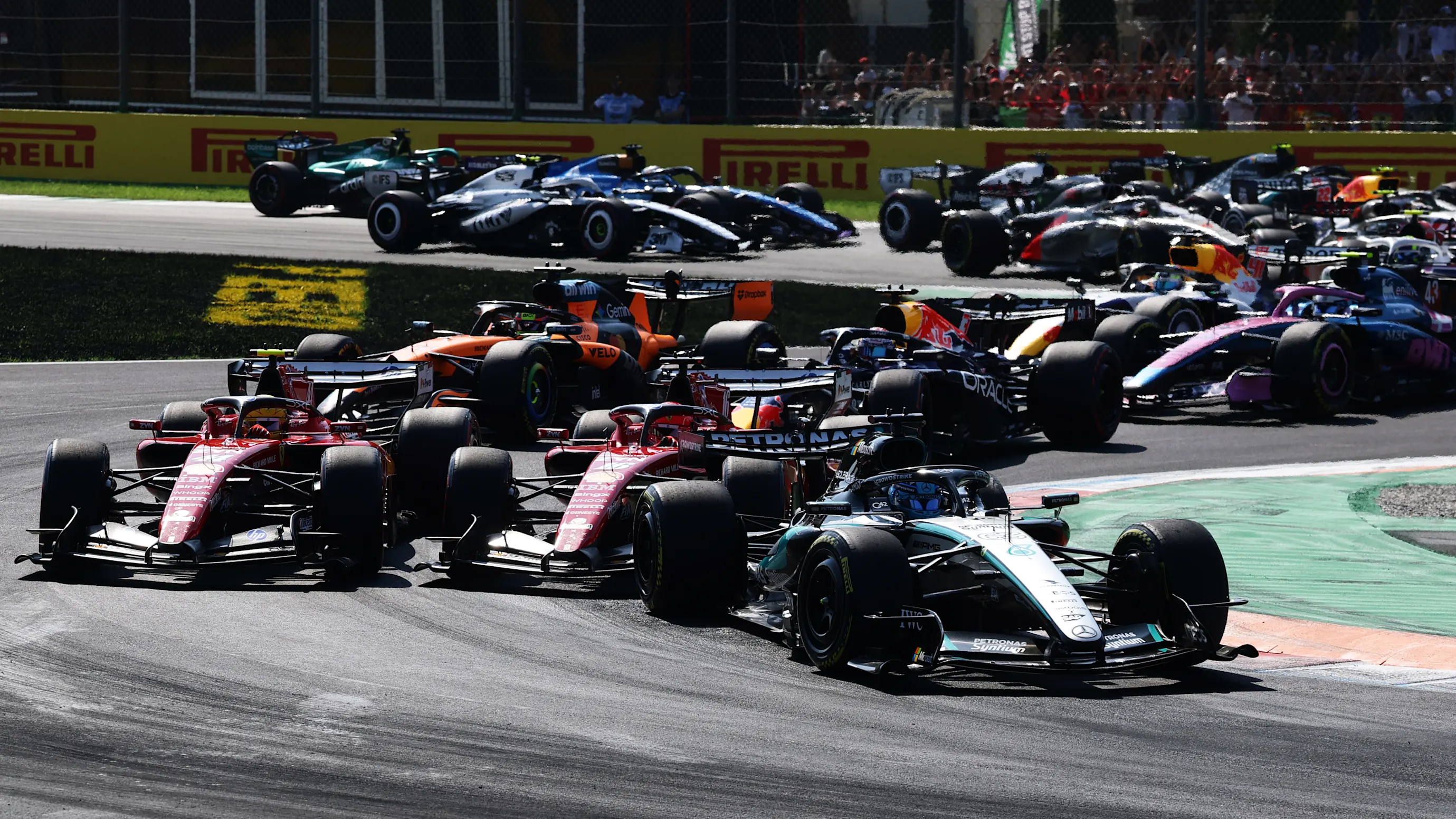 MONZA, ITALY - SEPTEMBER 06: George Russell of Great Britain driving the (63) Mercedes AMG Petronas