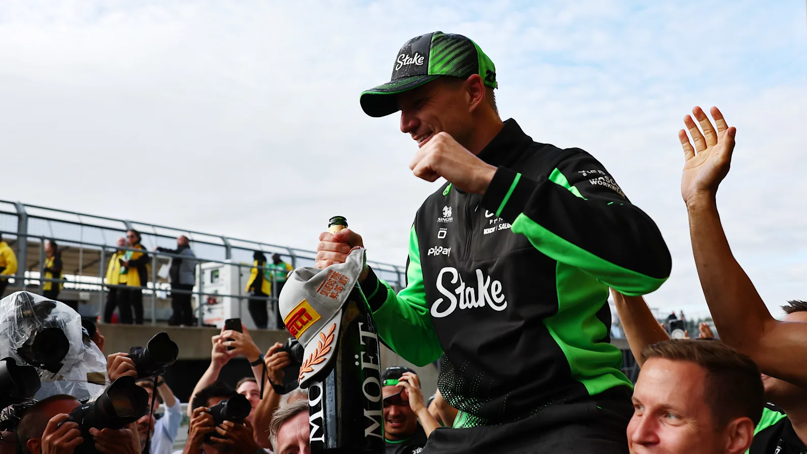 NORTHAMPTON, ENGLAND - JULY 06: Third placed Nico Hulkenberg of Germany and Stake F1 Team Kick
