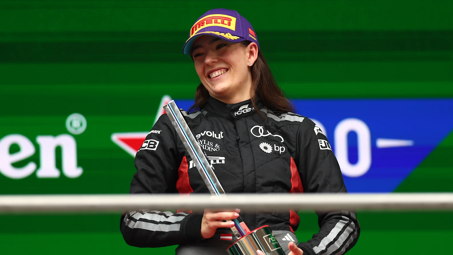 SHANGHAI, CHINA - MARCH 15: Race winner Emma Felbermayr of Austria and Rodin Motorsport (5) on the podium with her trophy during F1 Academy Round 1, race 2 at Shanghai International Circuit on March 15, 2026 in Shanghai, China. (Photo by Andy Hone/LAT Images)
