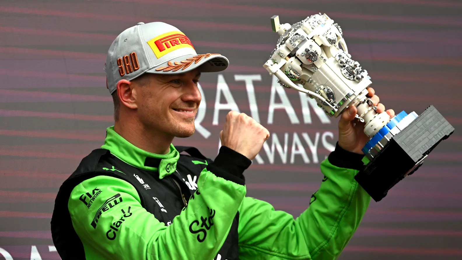 NORTHAMPTON, ENGLAND - JULY 06: Third placed Nico Hulkenberg of Germany and Stake F1 Team Kick