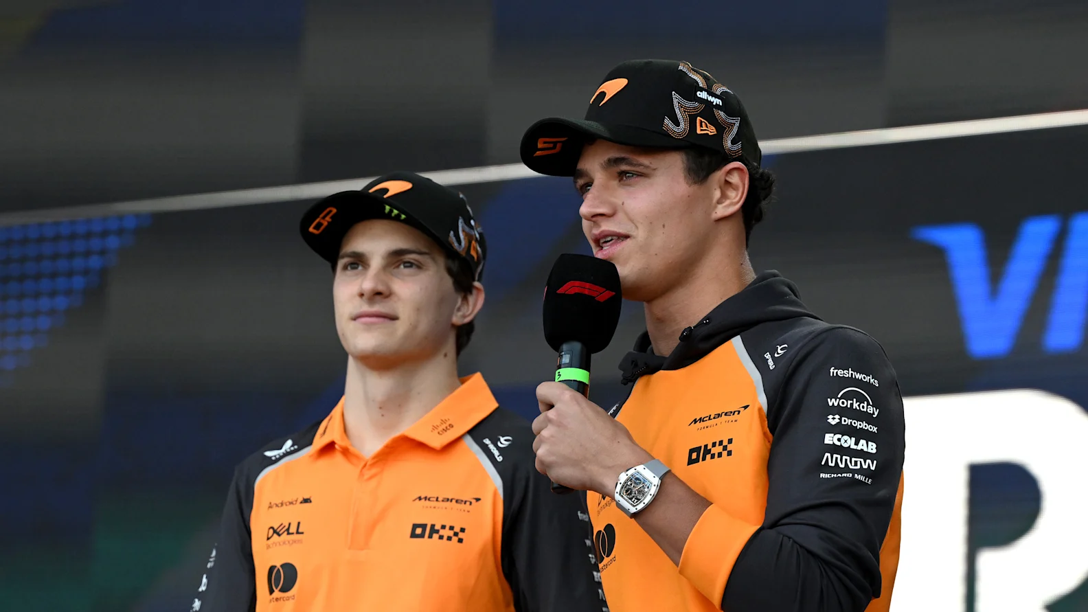 AUSTIN, TEXAS - OCTOBER 17: Oscar Piastri of Australia and McLaren and Lando Norris of Great