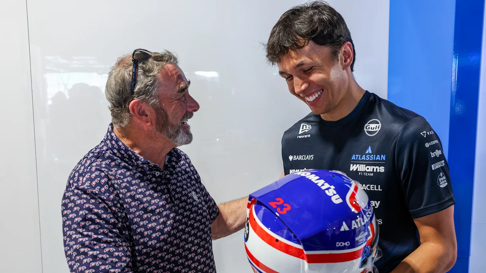 MIAMI, FLORIDA - APRIL 30: Nigel Mansell with Alexander Albon of Thailand and Williams in the