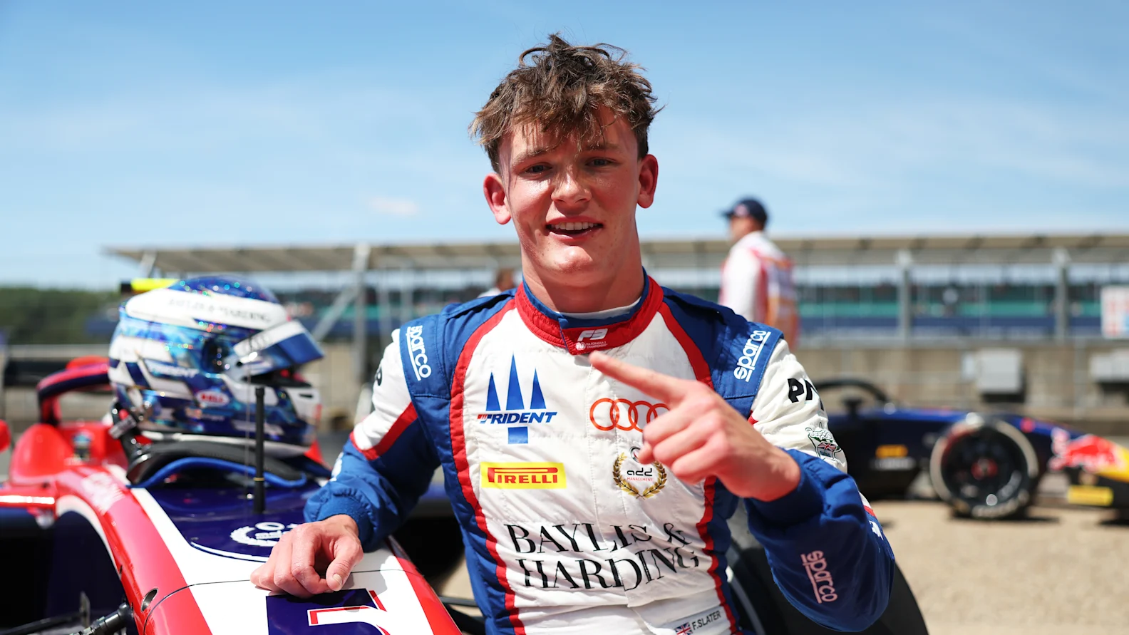 NORTHAMPTON, ENGLAND - JULY 03: Pole position qualifier Freddie Slater of Great Britain and TRIDENT (5) celebrates in parc ferme during qualifying ahead of Round 5 Silverstone of the Formula 3 Championship at Silverstone Circuit on July 03, 2026 in Northampton, England. (Photo by Dom Gibbons - Formula 1/Formula 1 via Getty Images)