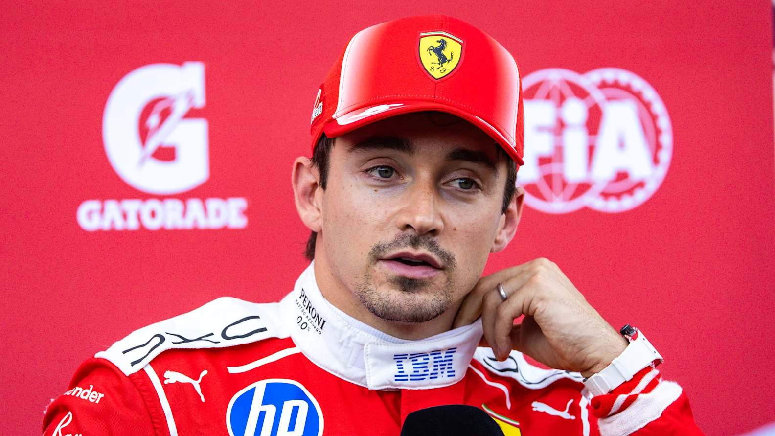 NORTHAMPTON, ENGLAND - JULY 3: Charles Leclerc of Monaco and Ferrari answers questions in the TV media pen during sprint qualifying ahead of the F1 Grand Prix of Great Britain at Silverstone Circuit on July 3, 2026 in Northampton, United Kingdom. (Photo by Jayce Illman/Getty Images)