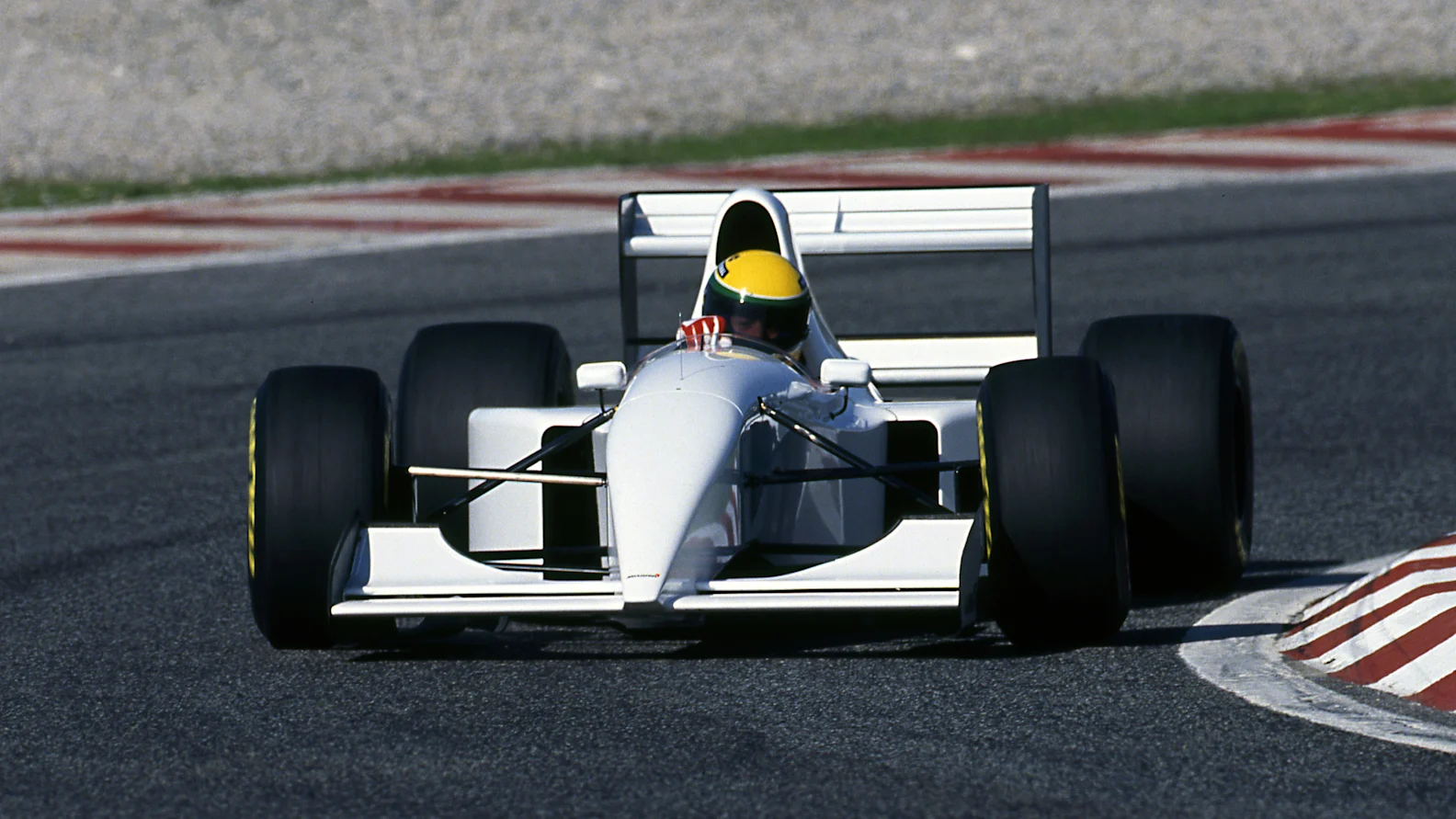 Ayrton Senna (BRA) tests a McLaren MP4/8 fitted with a Chrysler / Lamborghini V12 engine, which the