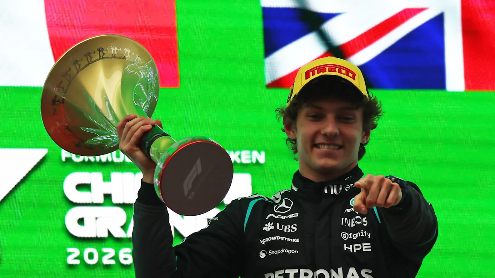 SHANGHAI, CHINA - MARCH 15: Race winner Andrea Kimi Antonelli of Italy and Mercedes AMG Petronas F1