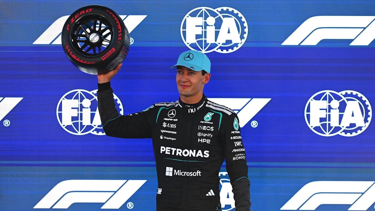 BARCELONA, SPAIN - JUNE 13: Pole position qualifier George Russell of Great Britain and Mercedes