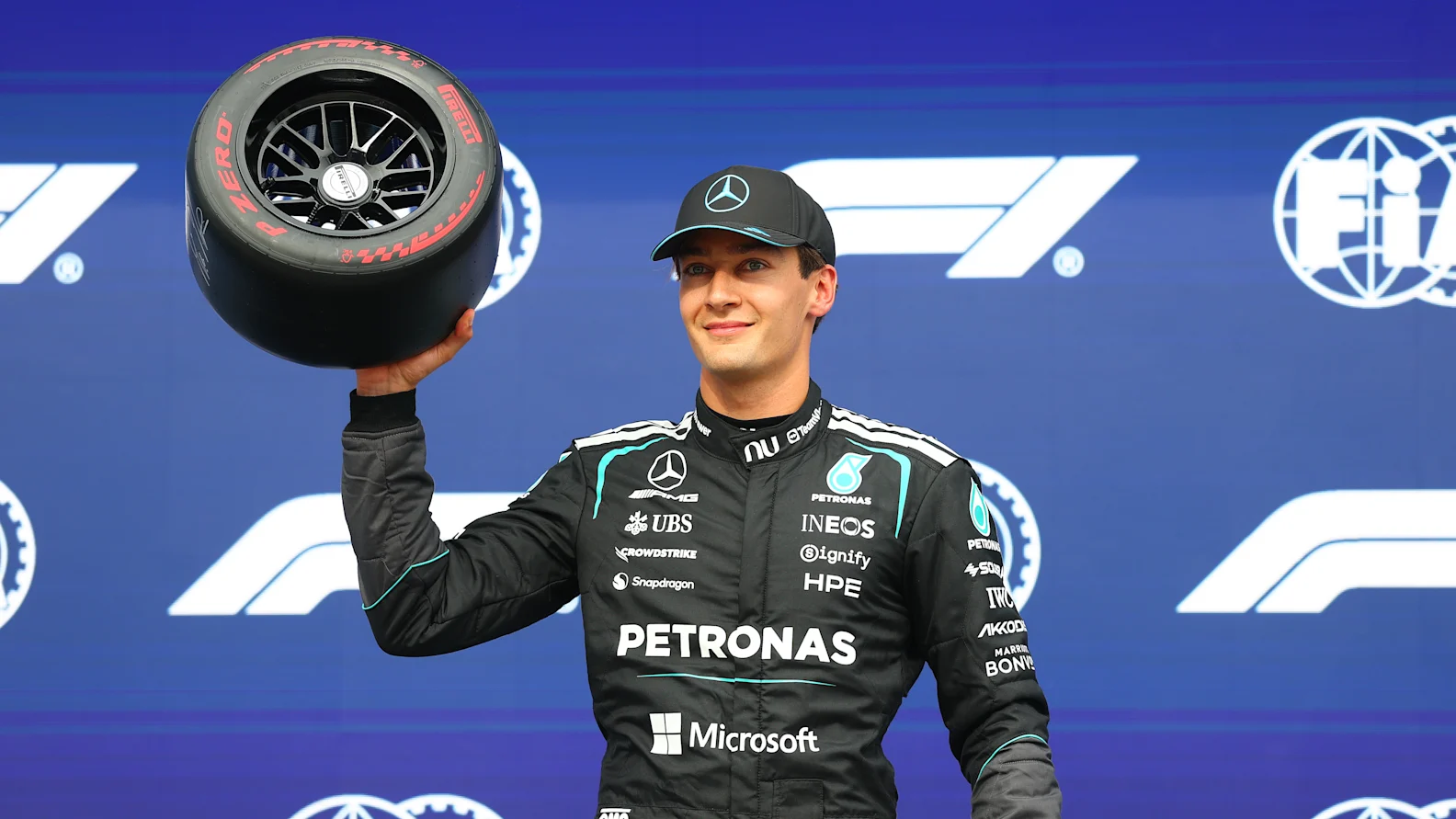 MONTREAL, QUEBEC - MAY 23: Pole position qualifier George Russell of Great Britain and Mercedes AMG