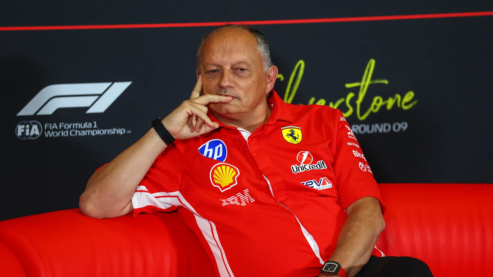 NORTHAMPTON, ENGLAND - JULY 03: Frederic Vasseur, Team Principal of Scuderia Ferrari in the Team Principals Press Conference during practice ahead of the F1 Grand Prix of Great Britain at Silverstone Circuit on July 03, 2026 in Northampton, England. (Photo by Bryn Lennon/Getty Images)