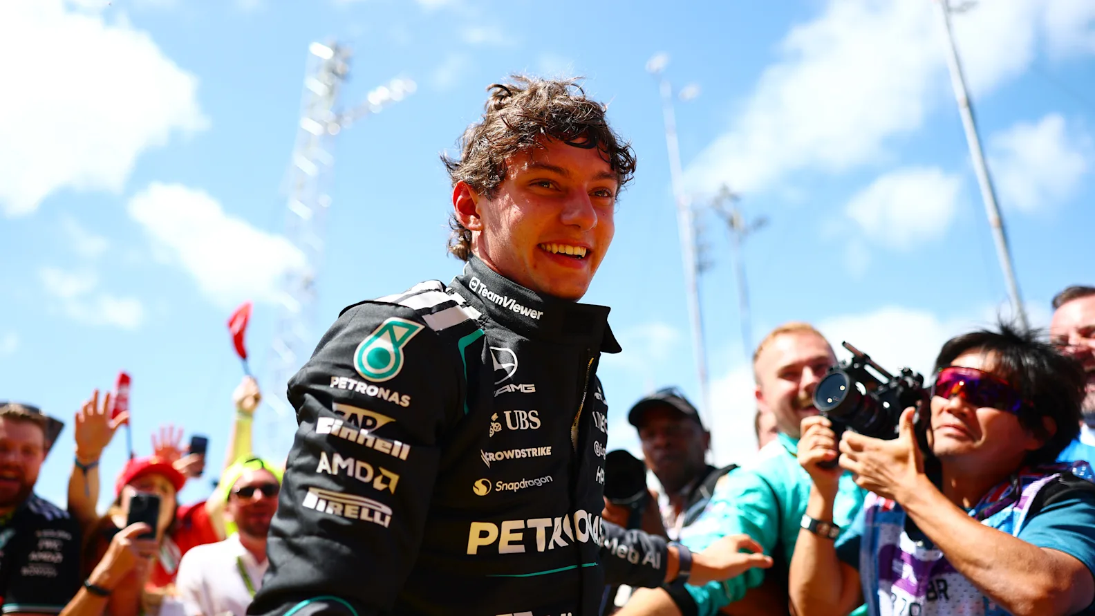 NORTHAMPTON, ENGLAND - JULY 04: Sprint winner Andrea Kimi Antonelli of Italy and Mercedes AMG
