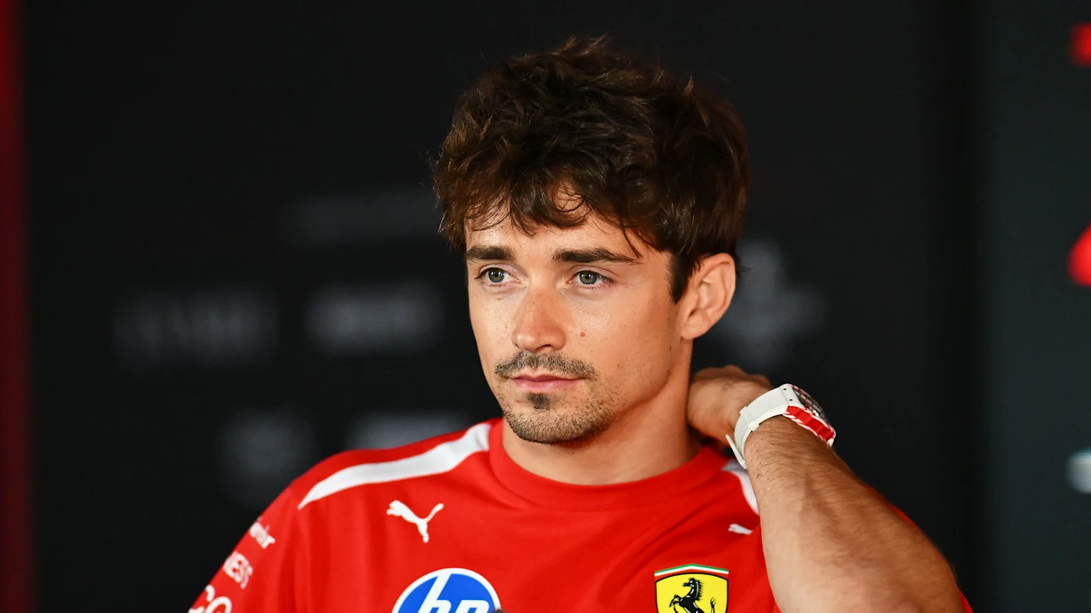 BUDAPEST, HUNGARY - JULY 23: Charles Leclerc of Monaco and Scuderia Ferrari is interviewed during