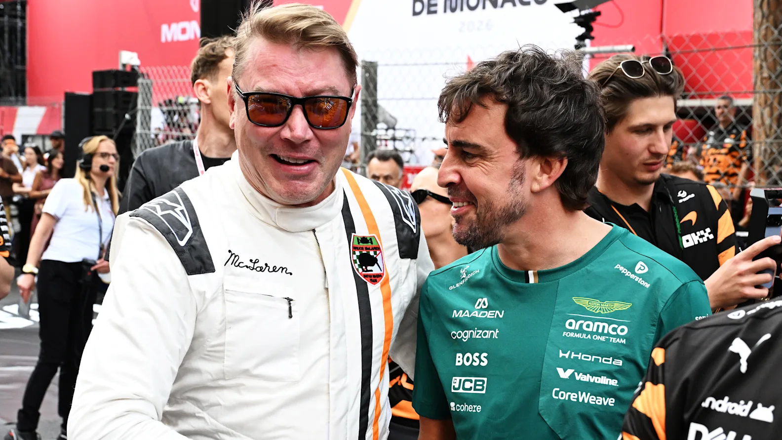 MONTE-CARLO, MONACO - JUNE 04: Mika Hakkinen and Fernando Alonso of Spain and Aston Martin F1 Team