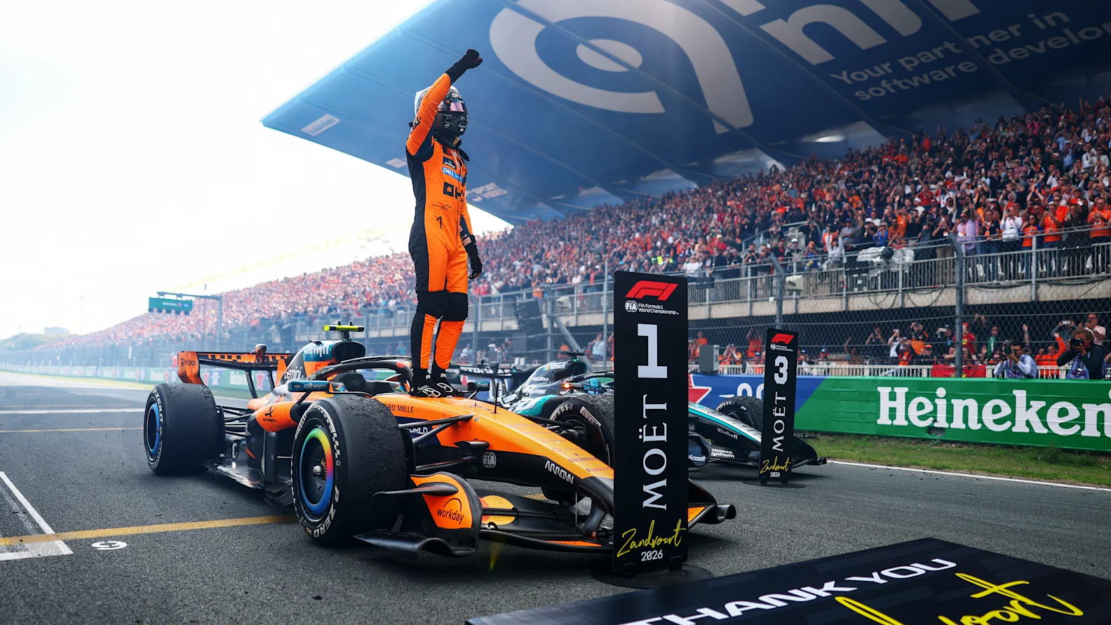 ZANDVOORT, NETHERLANDS - AUGUST 23: Race winner Lando Norris of Great Britain and McLaren