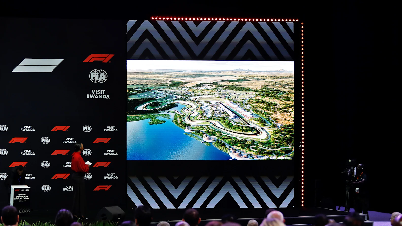 KIGALI, RWANDA - OCTOBER 13: A rendering of a circuit to announce a Formula 1 race to be hosted in Rwanda from the 2030s is seen on a screen during a Formula 1 announcement at BK Arena on October 13, 2026 in Kigali, Rwanda. (Photo by Katie Garner - Formula 1/Formula 1 via Getty Images)