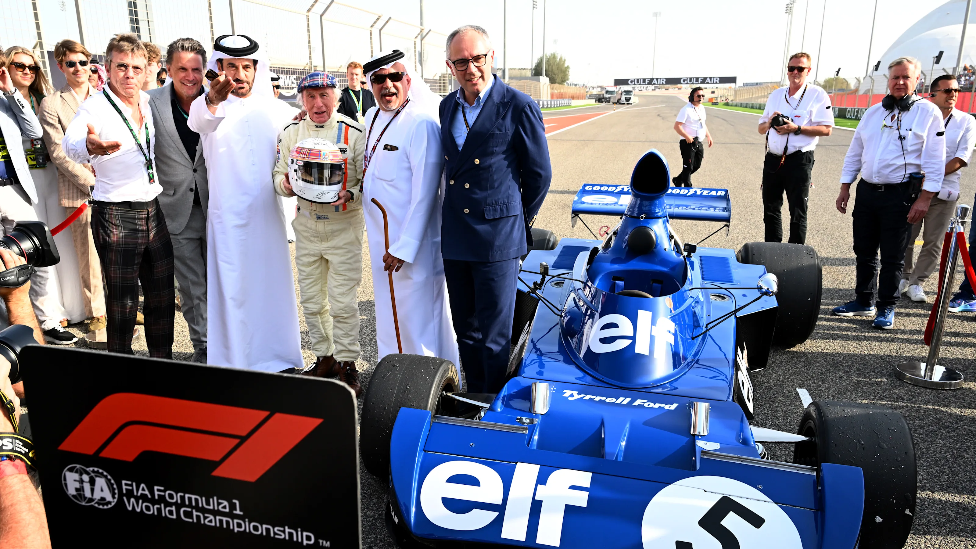 BAHRAIN, BAHRAIN - APRIL 13: Sir Jackie Stewart on the grid after driving his Tyrrell 006 prior to