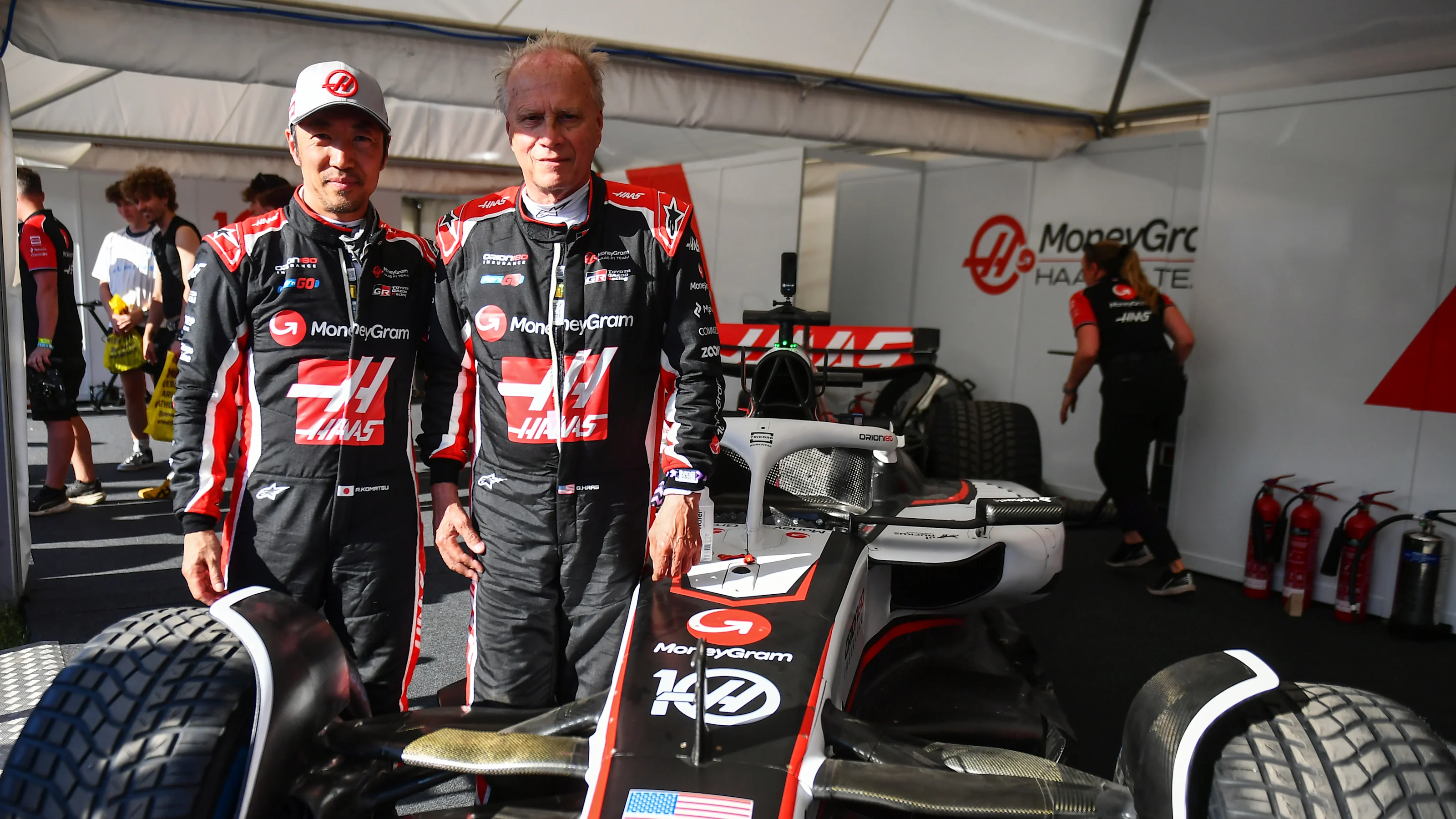 CHICHESTER, ENGLAND - JULY 11: Ayao Komatsu, Team Principal of Haas F1 with Gene Haas, Founder and