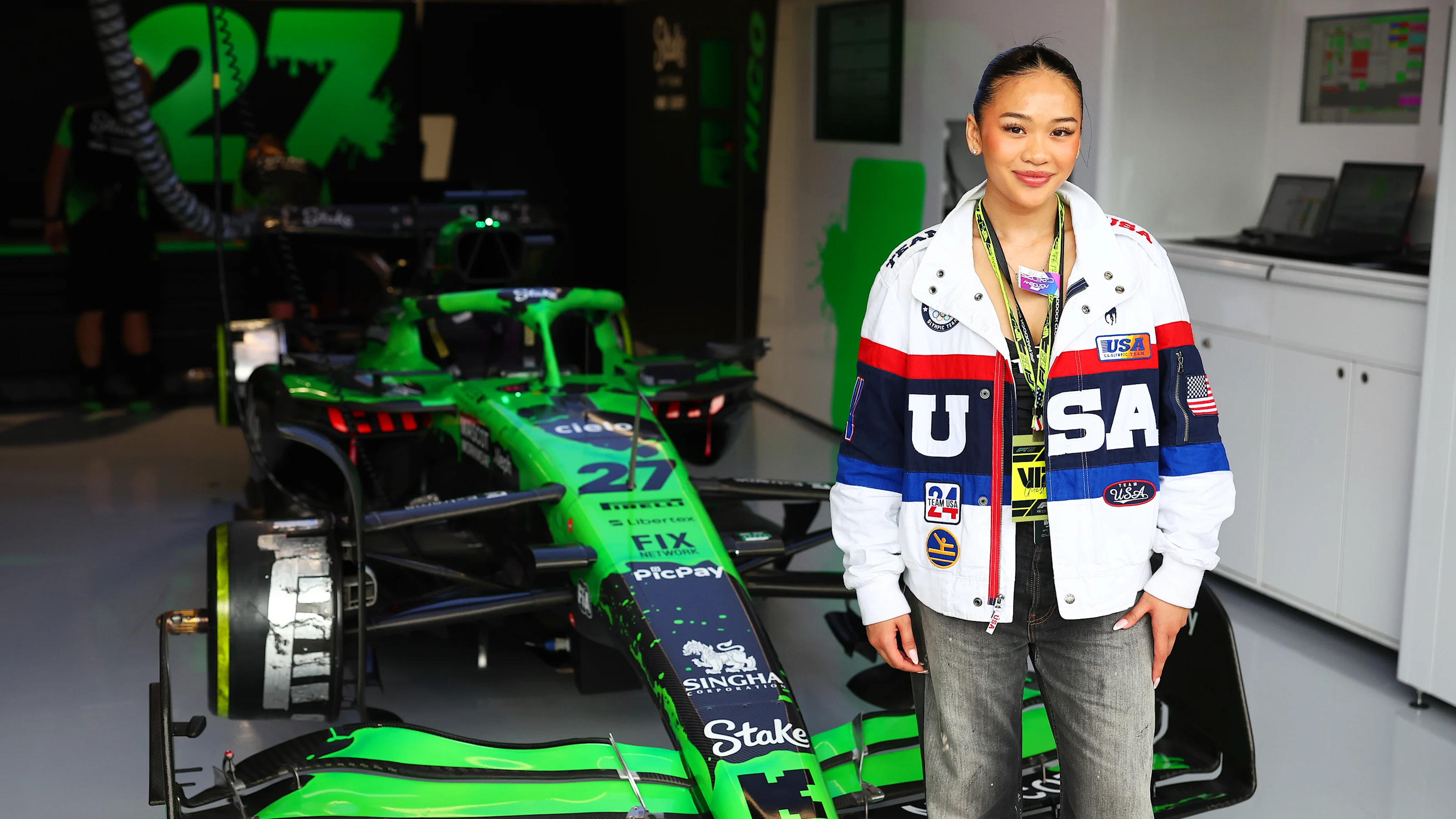 MIAMI, FLORIDA - MAY 04: Suni Lee in the Stake F1 Team Kick Sauber garage prior to the F1 Grand