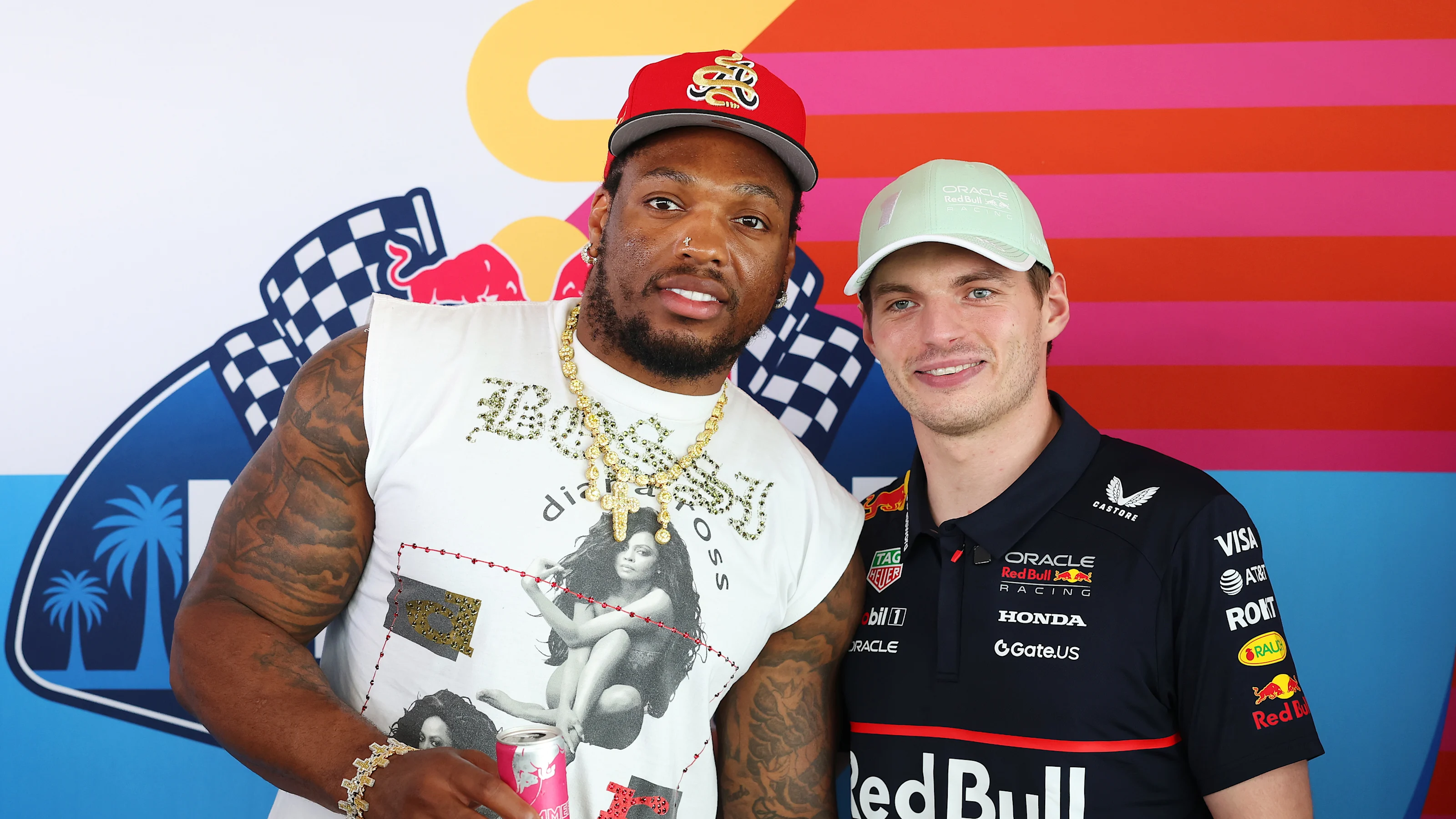 MIAMI, FLORIDA - MAY 04: Max Verstappen of the Netherlands and Oracle Red Bull Racing with Derrick
