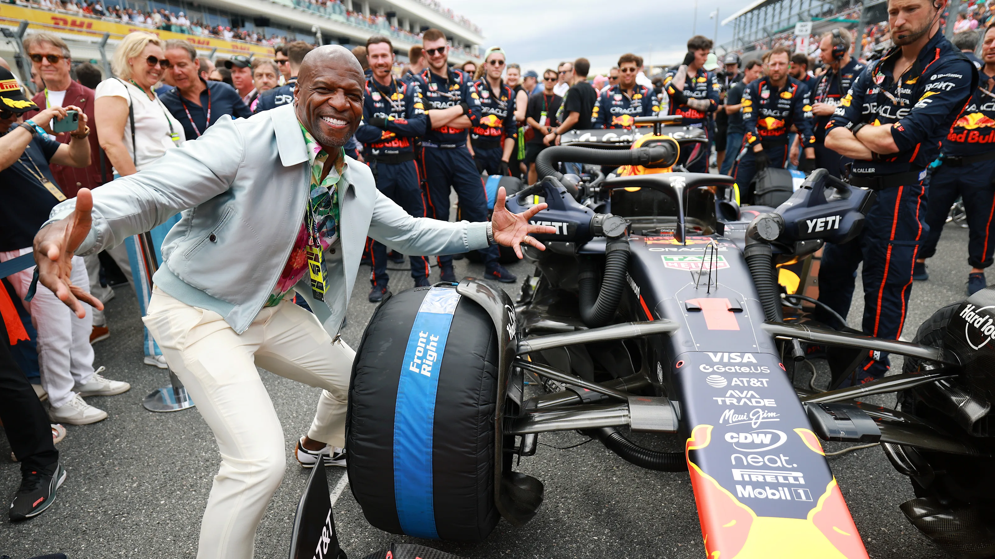 MIAMI, FLORIDA - MAY 04: Terry Crews on the grid with the car of Max Verstappen of the Netherlands
